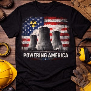 May include: Black t-shirt with an American flag design, a nuclear symbol, and cooling towers. The text "POWERING AMERICA" is printed below. The image includes work-related items. The shirt is a standard fit.