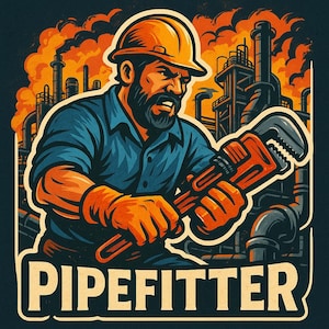 Peut inclure: Illustration d'un tuyauteur portant un casque et des gants de travail, tenant une grande clé. L'image présente une chemise bleue, des gants orange et un casque jaune. L'arrière-plan montre des structures industrielles et de la fumée, avec le mot "PIPEFITTER" en bas.