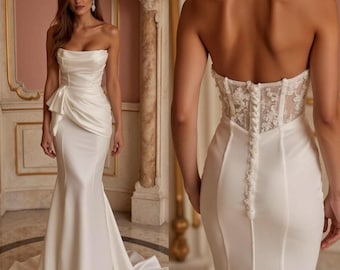 Strapless Satin Mermaid Wedding Dress | Draped Waist Bridal Gown | Sheer Lace Corset Back | Elegant Modern Wedding Dress with Train