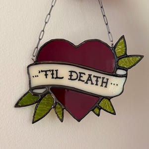 Custom Scroll Heart Stained Glass Suncatcher | American Traditional Tattoo Art