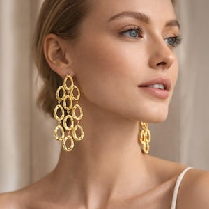 Organic Oval Statement Earrings, Gold Stainless Steel Dangle, Waterproof Jewelry