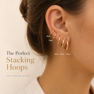 Pendientes de aro apilables minimalistas de plata de ley 925, pequeños aros huggie para cartílago y hélix, conjunto de pendientes ligeros para uso diario.