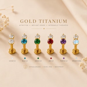 Può includere: Sei piercing labret in titanio dorato con filettatura interna, caratterizzati da una pietra superiore in zirconia cubica trasparente e una seconda pietra colorata. Testo: GOLD TITANIUM, ASTM F136, IMPLANT GRADE, HYPOALLERGENIC, NICKEL FREE, WATERPROOF, CLEAR, BLUE, GREEN, RED, PURPLE, MOONSTONE.