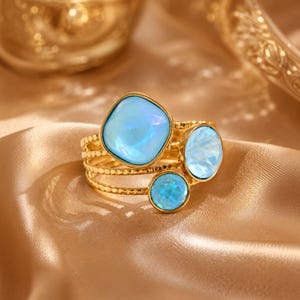 Ocean Blue Ring, Adjustable Gold Statement Ring, Resort Jewelry for Women, Blue Cocktail Ring, Summer Vacation Jewelry, Gift for Her