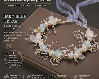 Diadema nupcial de perlas, adorno para el cabello de boda azul claro, accesorio de novia "algo azul", corona floral, tocado para damas de honor, tocado romántico