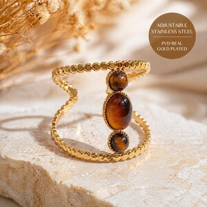 Tiger Eye Statement Ring, Adjustable Gold Ring, Minimal Luxury Gemstone Ring, Open Ring, Stainless Steel Ring, Boho Chic Jewelry Gift