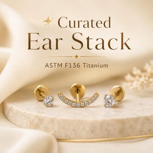 Curated Ear Stack Set, ASTM F136 Titanium Piercing Set, 16G Flat Back Cartilage Earrings, Helix Tragus Lobe Jewelry, Sensitive Ears Gift