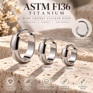 Peut inclure: Trois anneaux d'oreille en titane ASTM F136 de couleur argentée, au design large et épais avec une fermeture à cliquet articulée. Les anneaux sont étiquetés avec les tailles 12mm, 10mm et 8mm. Le texte inclut ASTM F136 TITANIUM et WIDE CHUNKY CLICKER HOOP.