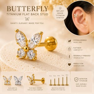 Peut inclure: Une boucle d'oreille à tige plate en forme de papillon doré avec deux pierres claires taille marquise et deux pierres rondes. Le bijou est en titane de qualité implantable ASTM F136 avec une tige plate disponible de 4mm à 8mm.