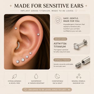 May include: An ear with multiple titanium earrings, including studs and a hoop. The image highlights the features of the earrings, such as being hypoallergenic, waterproof, and comfortable for day and night wear. Text on the image reads "Made for Sensitive Ears."