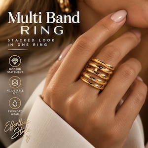 Gold Multi Band Stacked Look Ring (18K Gold Plated), Wide Open Ring, Wavy Layered Statement Ring, Modern Gold Jewellery. Gift for Her