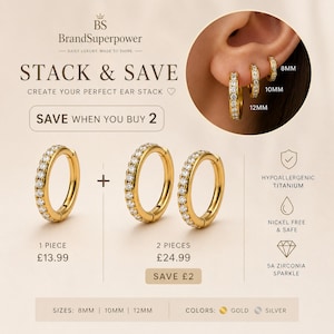 May include: Gold-plated hoop earrings with sparkling stones. The image includes the text "STACK & SAVE" and "SAVE WHEN YOU BUY 2". The earrings are available in 8mm, 10mm, and 12mm sizes. The earrings are hypoallergenic titanium and nickel-free.