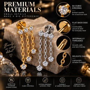 Triple Chain Cartilage Earring, 16G CZ Dangle Flat Back Stud, Titanium Helix Ear Stack Jewellery, Gold Silver