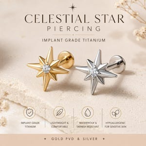 May include: Two star-shaped piercings made of implant grade titanium, one in gold PVD and one in silver. Each features a central clear stone. Text reads: CELESTIAL STAR PIERCING, IMPLANT GRADE TITANIUM, LIGHTWEIGHT & COMFORTABLE, WATERPROOF & TARNISH RESISTANT, HYPOALLERGENIC FOR SENSITIVE SKIN, GOLD PVD & SILVER.