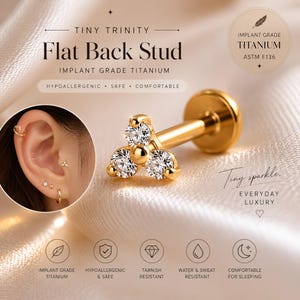 Titanium Flat Back Sleep Earrings, Tiny Trinity Stud, Hypoallergenic Cartilage Earring, Korean Ear Stack Jewelry, Helix Tragus Stud
