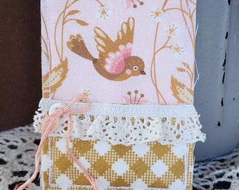 Quilted Bible Card Pocket: Gold Plaid and Floral Bird Fabric Prayer Card Holder, Holds Most Standard Size Cards, Faith Gift