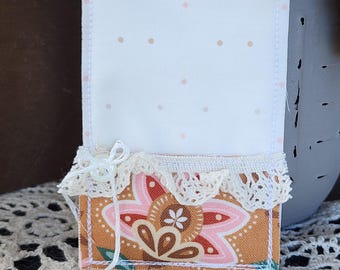 Quilted Prayer Card Holder: Boho Caramel & Pink Floral Fabric Prayer Card Pocket, Holds Most Standard Size Cards, Bible Card Display