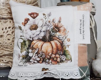 Floral Pumpkin Prayer Pillow: Psalm 107, Fall Mini Pillow, Christian Decor with Scripture