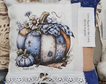 Christian Fall Prayer Pillow: Psalm 107 Blue Floral Pumpkin Decor