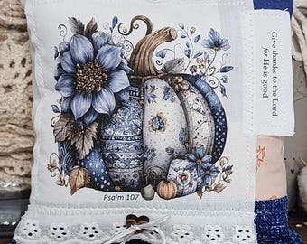 Blue Floral Pumpkin Prayer Pillow: Psalm 107 Fall Decor