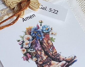 Fruits of the Spirit Prayer Cards: Includes Acknowledgment Cards and Fabric Holder, New Christian Woman Gift, Floral Cowgirl Boots Design
