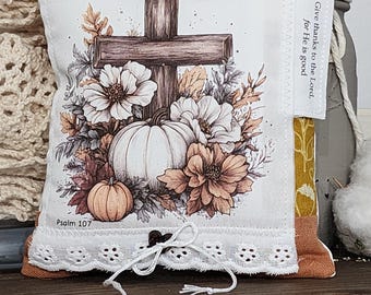 Fall Christian Prayer Pillow: Psalm 107 Cross & Pumpkins Decor