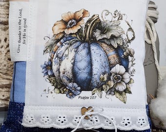 Fall Prayer Pillow: Blue Floral Pumpkin Christian Decor, Psalm 107