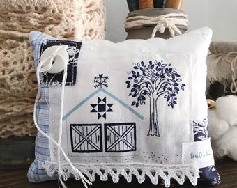 Barn Prayer Pillow with Vintage Glass Button: Country Blue & White Farm Decor, No Scripture