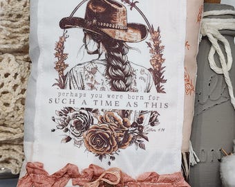 Cowgirl Prayer Pillow: Boho Western Decor with Cross Penny