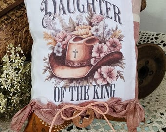 Daughter of the King Prayer Pillow: Floral Cowgirl Hat, Western Decor