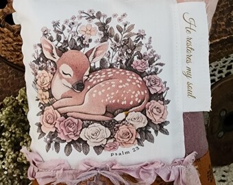 Psalm 23 Prayer Pillow: Woodland Deer Faith Decor with Scripture and Cross Penny