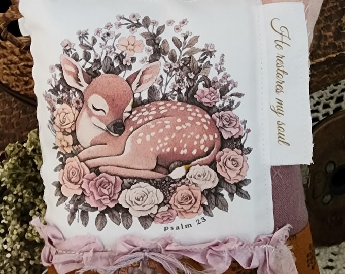 Featured listing image: Psalm 23 Prayer Pillow: Woodland Deer Faith Decor with Scripture and Cross Penny