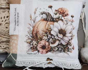 Floral Pumpkin Prayer Pillow: Fall Christian Decor, Psalm 107