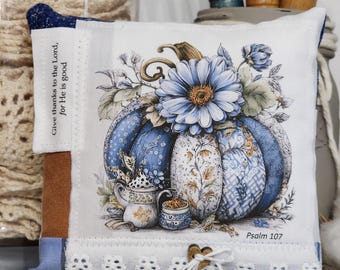Psalm 107 Prayer Pillow: Boho Blue Pumpkin Christian Decor