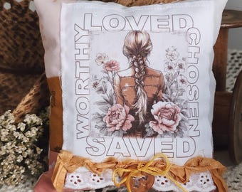 Saved Worthy Loved Chosen Prayer Pillow: Redeemed Mini Pillow, Country Western Christian Decor