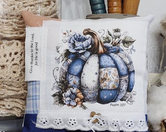 Fall Prayer Pillow: Psalm 107 Christian Decor with Blue Pumpkin