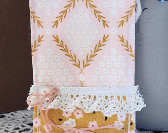 Quilted Prayer Card Pocket: Caramel and Pink Honeycomb Fabric Prayer Card Holder, Holds Most Standard Size Cards, Bible Verse Card Display