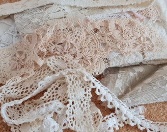 vintage lace pack - mixed lot of small lace ribbons, doilies, trims and fabric remnants - junk journals, textile arts, quilting etc.