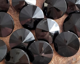 9 vintage plastic coat buttons - shiny black double sided buttons with faceted design - tunnel shank back