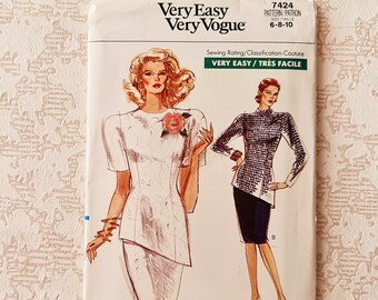 size 6 8 10 factory folded sewing pattern - vintage 1989 Misses' fitted top and skirt with assymetrical hem - Very Easy Very Vogue 7424