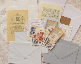 snail mail kit - creamy vintage papers, vintage postage stamps, printed ephemera and envelopes - journals planners etc