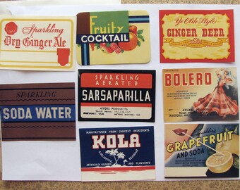 8 mixed vintage unused soda labels - fun retro soft drink ephemera for junk journals and kitchen decor