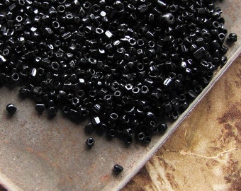 20g of tiny Victorian glass seed beads - antique vintage French jet black rough cut spacers  - 2mm 3mm
