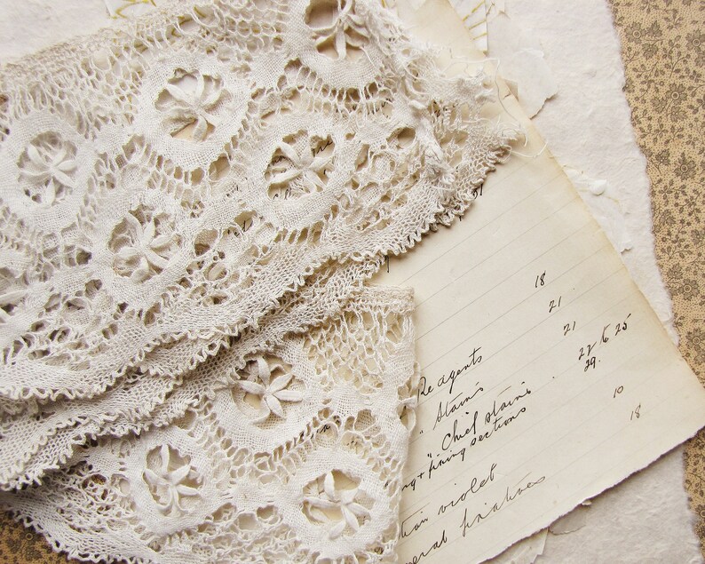 28 inches of handmade cluny bobbin lace edging wide scallop edge with a double flower motif antique lace trim
