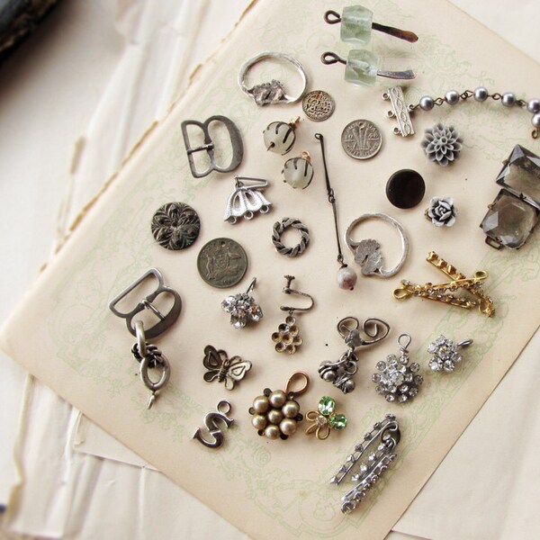 mix lot - junk drawer - found objects - mixed media supply - bead soup - silvers - rhinestones