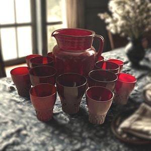 Vintage Royal Ruby Windsor Glass Set, Anchor Hocking Red Glass Pitcher and Tumblers
