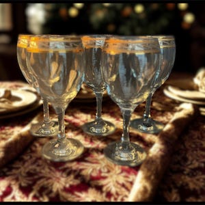 May include: A collection of clear wine glasses with gold rims, arranged on a table with a patterned tablecloth. The glasses are empty and reflect the light, creating a sense of elegance and sophistication. Plates and napkins are also visible.