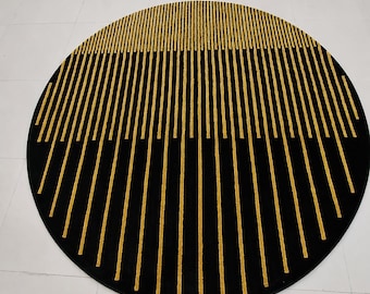 Black Gold Round Area Rug 8x8, Modern Geometric Circle Rug, Luxury Abstract Handmade Carpet, Contemporary Living Room Rug, Designer Round