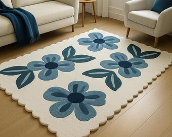 Blue Floral Scalloped Rug, Cream Botanical Tufted Carpet, Retro Living Room Decor