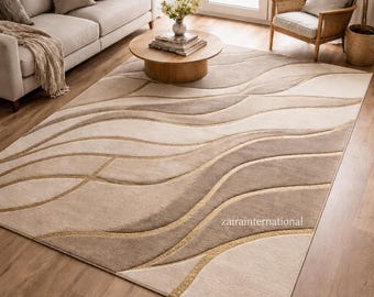 Modern Neutral Area Rug, Beige Abstract Wave Rug, Handmade Tufted Carpet, Luxury Living Room Rug, Minimalist Custom Floor Rug